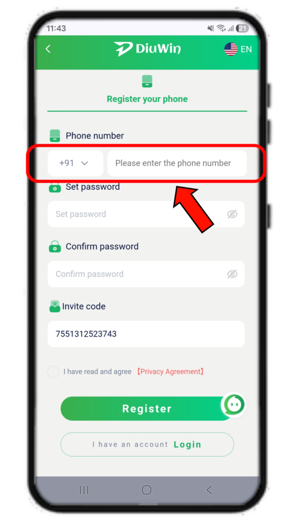 Diuwin Register enter phone number