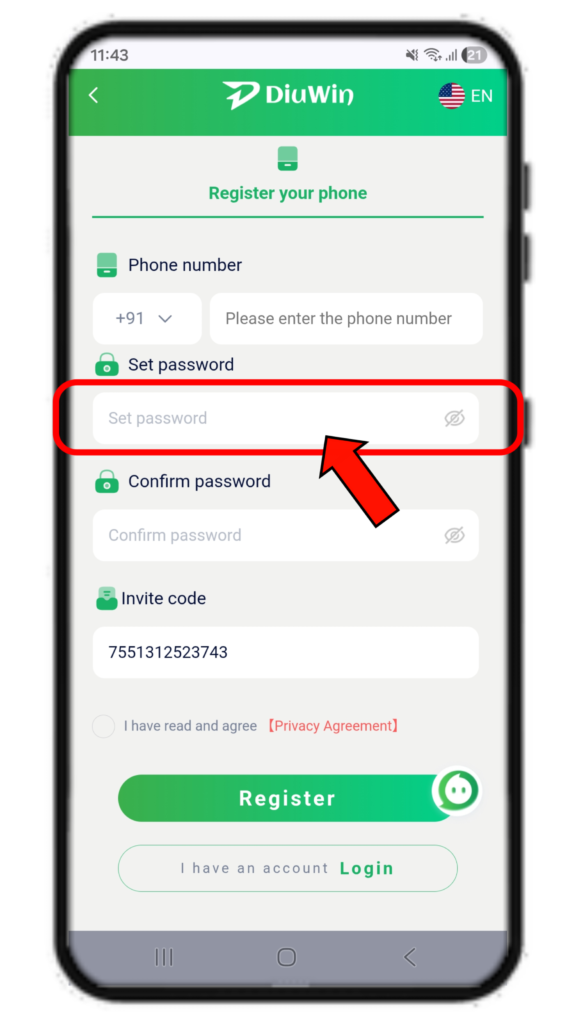 Diuwin Register set password