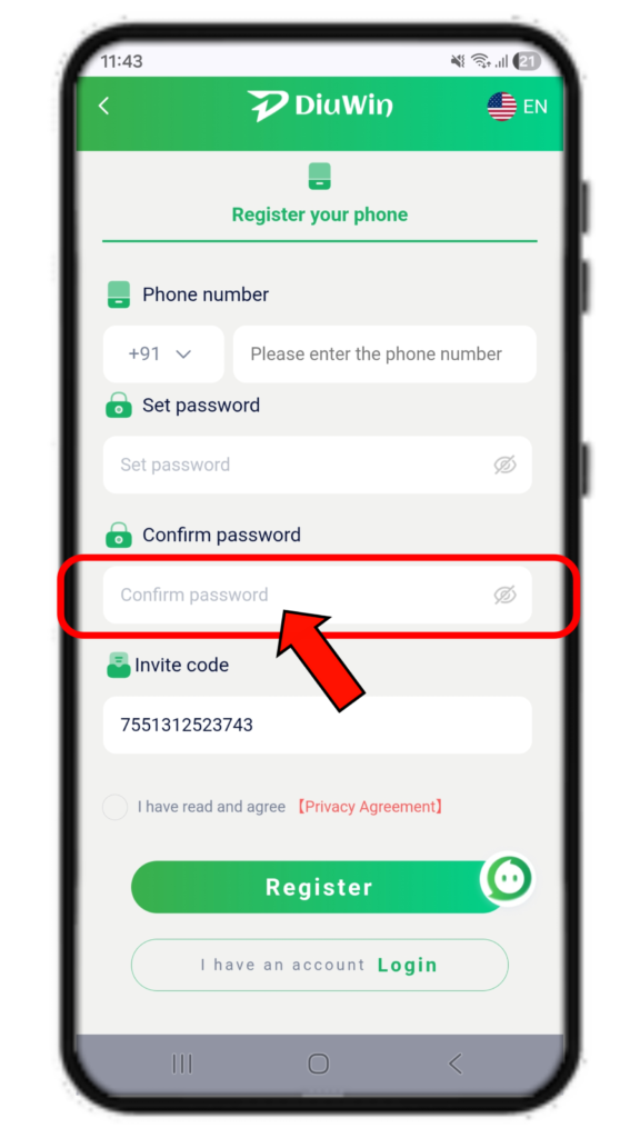 Diuwin Register confirm password