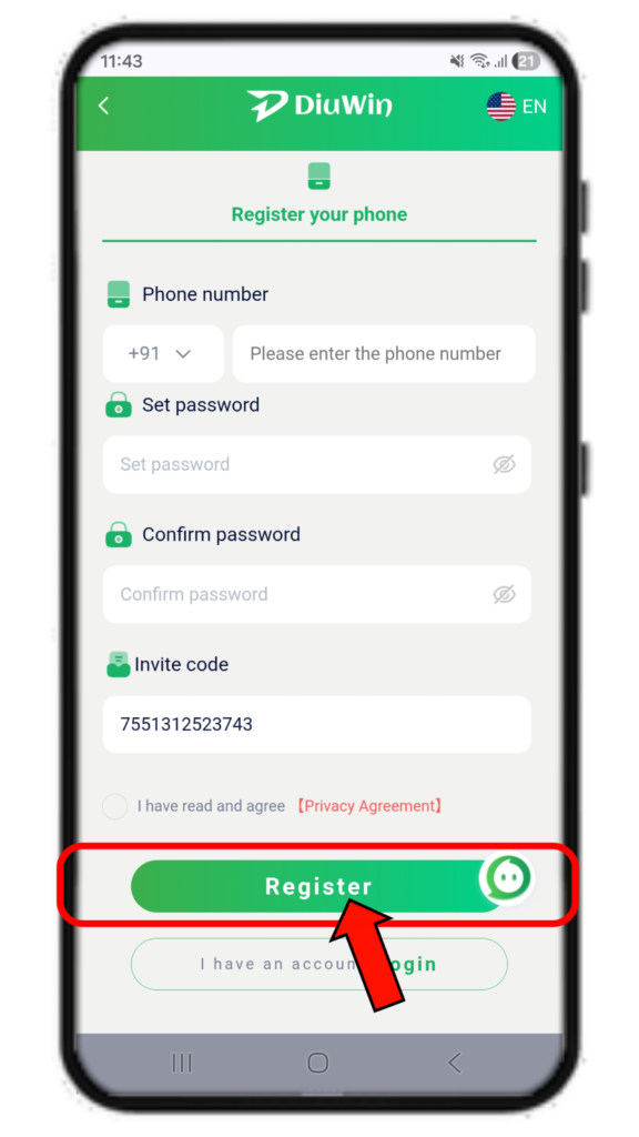 Diuwin Register register button